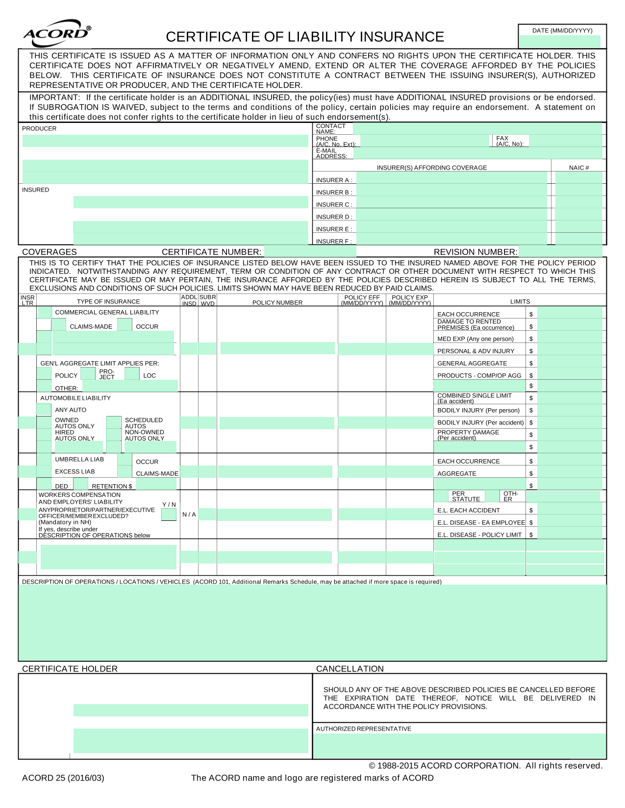 Acord 25 Certificate of Insurance screenshot